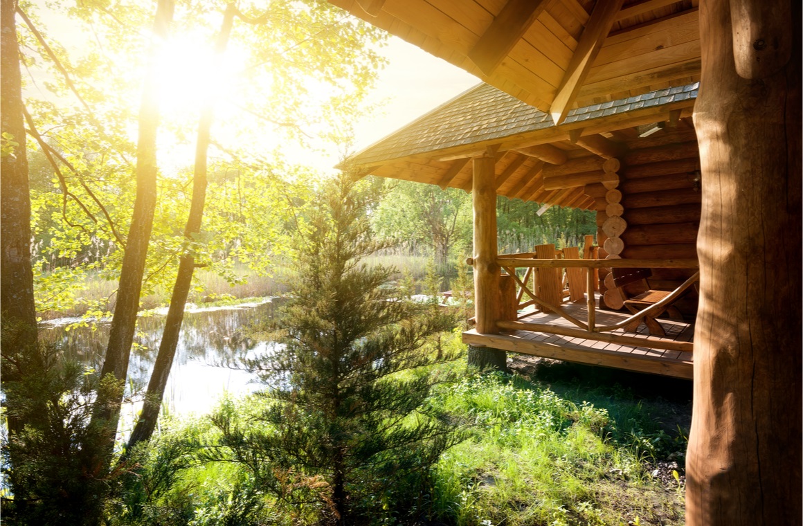 wooden house and ponds