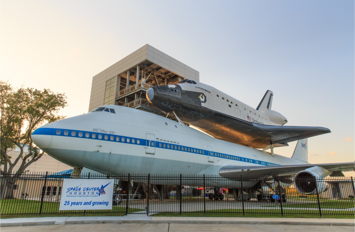 plaza in space center houston at sunset