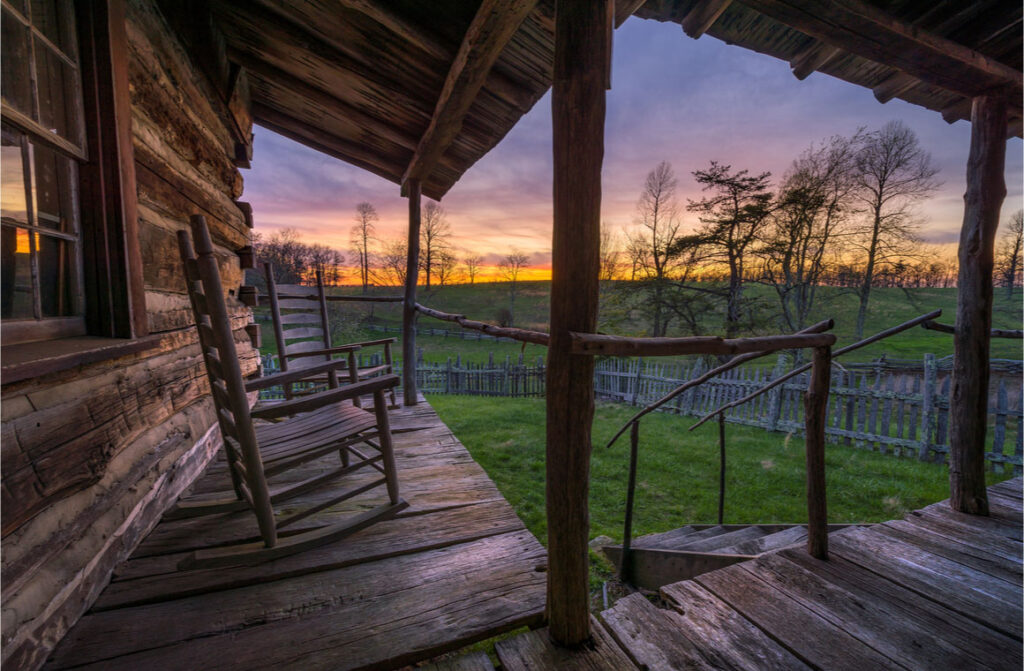 Rustic log cabin front porch