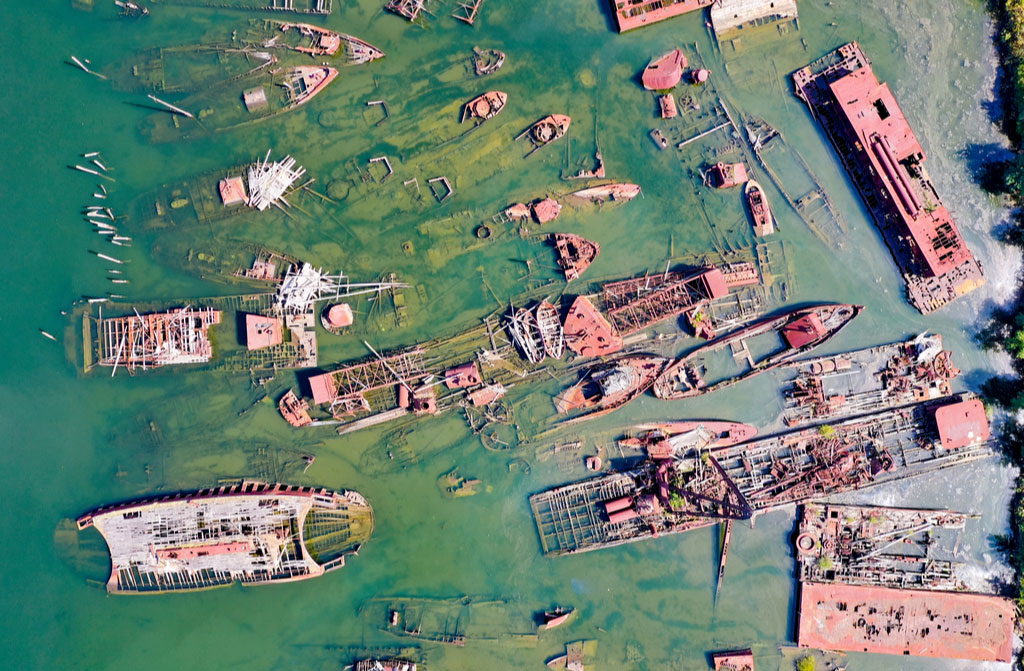 aerial view of abandoned ships