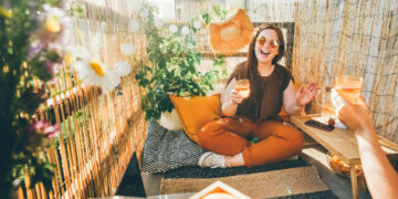 joyful woman clinks delicious