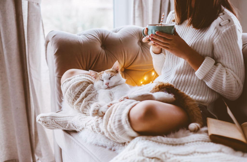 cold autumn winter, woman drinking hot chocolate