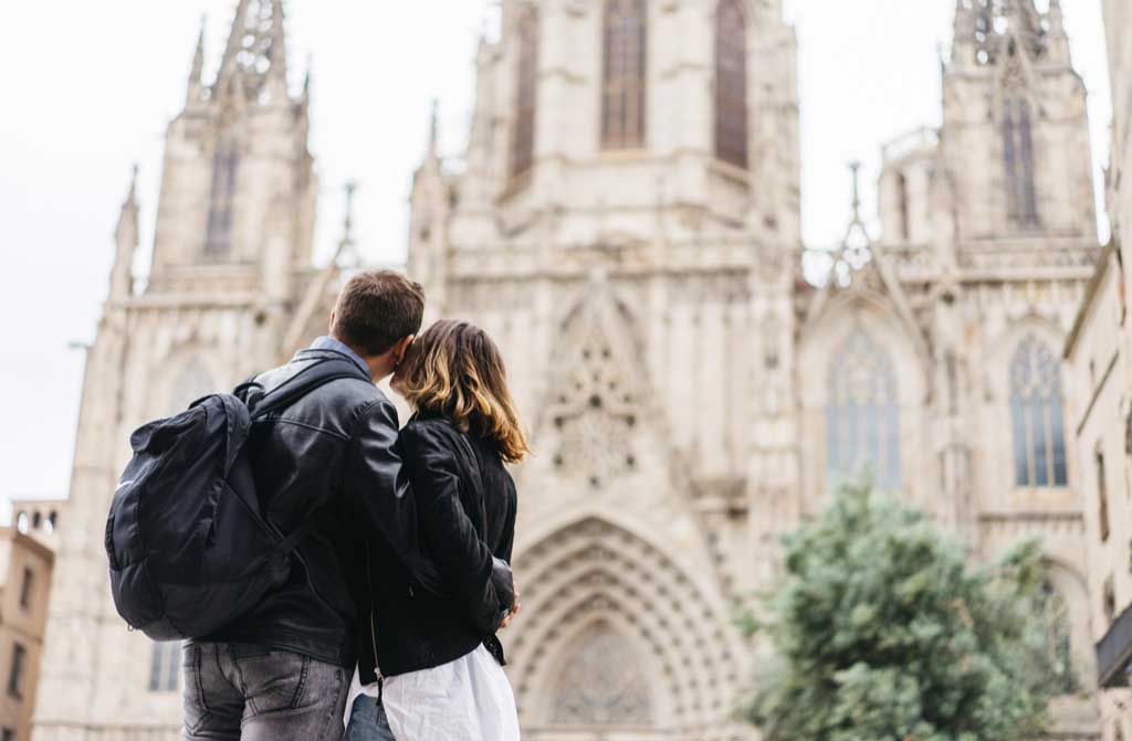 couple middle age enjoys barcelona