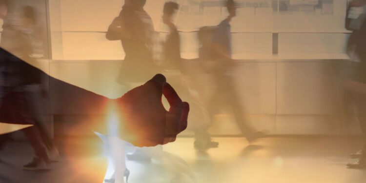 woman peace meditating crowded busy