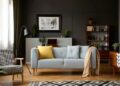 real photo grey sofa pillows standing