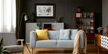 real photo grey sofa pillows standing