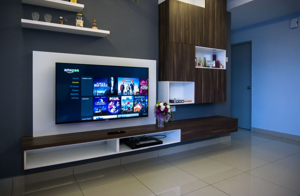 living room with amazon app on tv