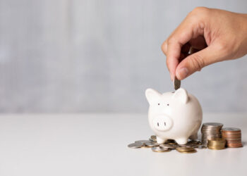 man hand putting coins on pig