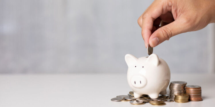 man hand putting coins on pig
