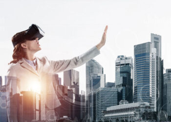 double exposure businesswoman wearing virtual