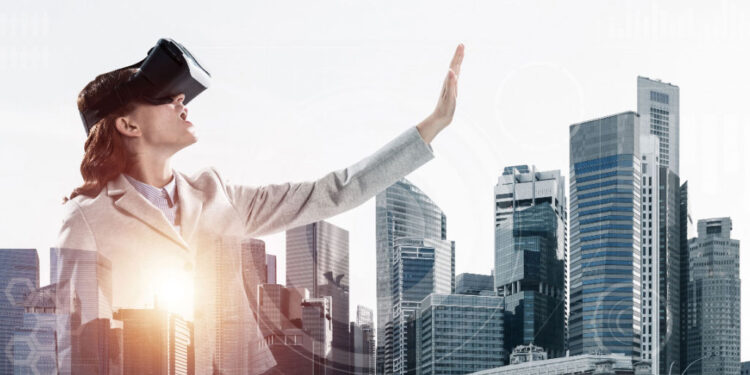 double exposure businesswoman wearing virtual