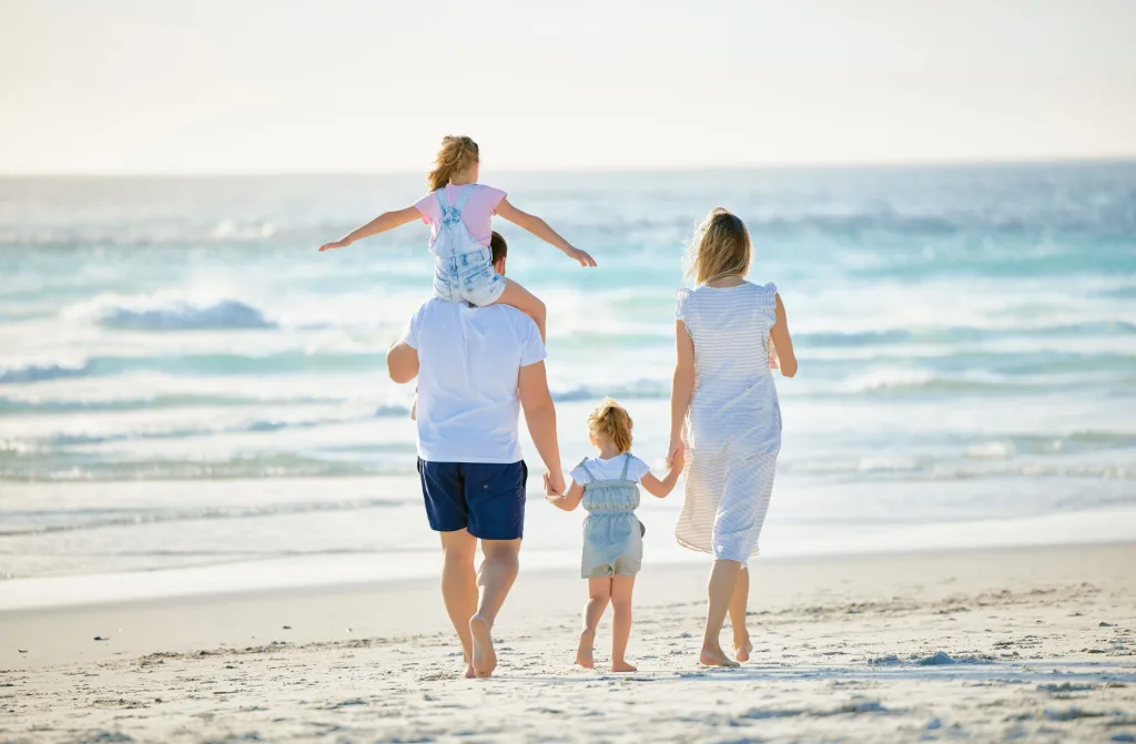 happy family beach rear view