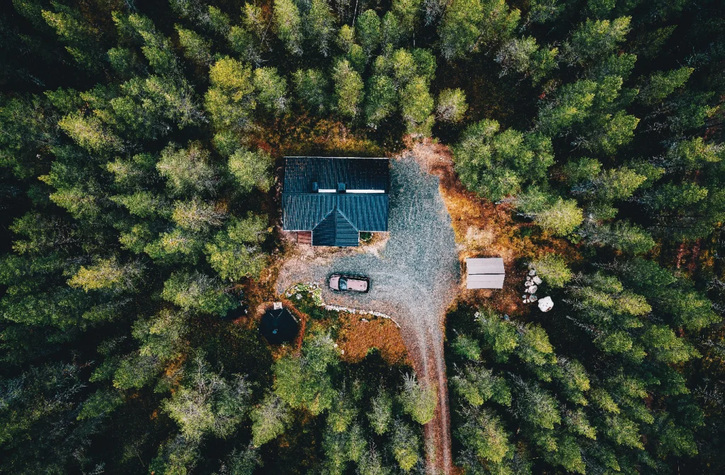 aerial view cottage woods
