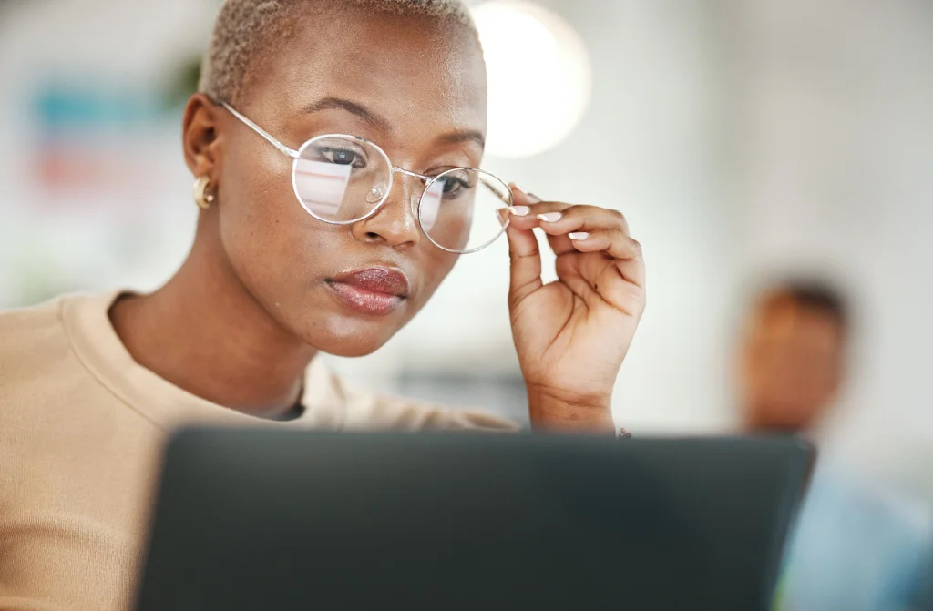 office computer black woman glasses