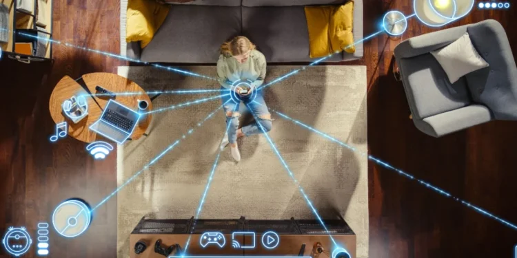 top view caucasian woman loft apartment